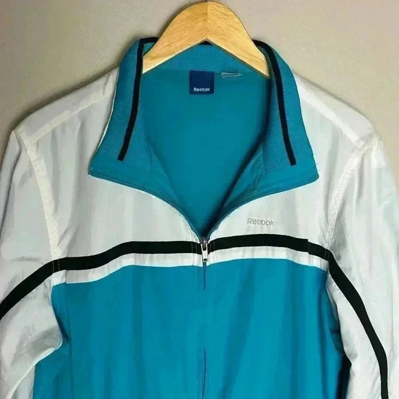 Retro Reebok Windbreaker Jacket Lined Full Zip Blue White Navy Stripe Y2K - Picture 2 of 14